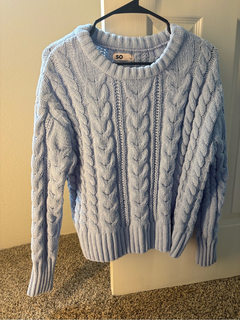 SO Baby Blue Cable Knit Crewneck Sweater